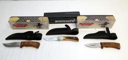 (3) KNIVES: A WINCHESTER HUNTING WOODEN HANDLE 8" AND A WINCHESTER HUNTING