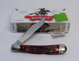 WINCHESTER 19107 BURNT ORANGE JIGGING BONE HANDLED BULLET KNIFE AND BOX