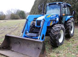 NEW HOLLAND MODEL T5070 W/ NEW HOLLAND 820 TL LOADER 80” MATERIAL BUCKET 460-85R34 GOOD REAR RUBBER