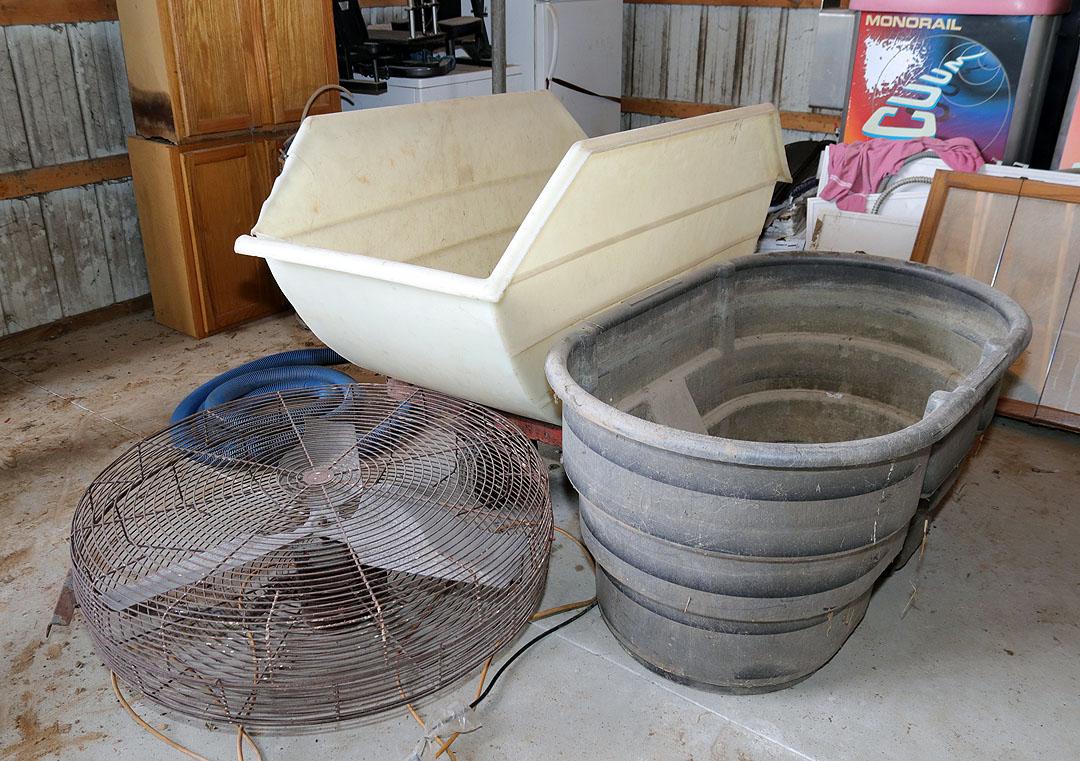 Stock Tank, Industrial Cage Fan & 18 Bu. Poly Cart