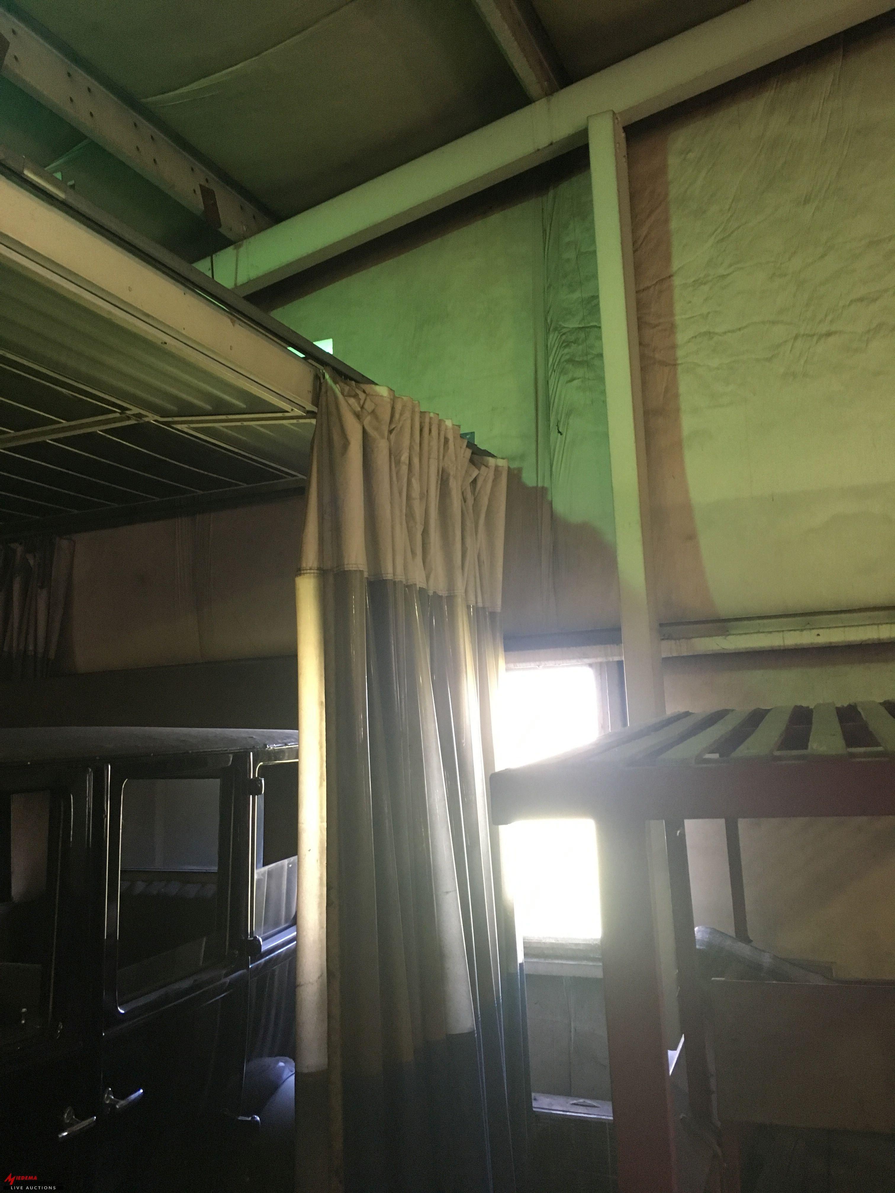 PAINT BOOTH, HAS OVERHEAD LIGHTS, OVERHEAD CURTAIN ENCLOSURE, LARGE FUME TYPE EXTRACTOR, ALSO COMES 