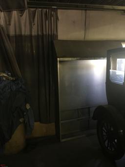 PAINT BOOTH, HAS OVERHEAD LIGHTS, OVERHEAD CURTAIN ENCLOSURE, LARGE FUME TYPE EXTRACTOR, ALSO COMES 