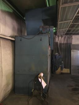 PAINT BOOTH, HAS OVERHEAD LIGHTS, OVERHEAD CURTAIN ENCLOSURE, LARGE FUME TYPE EXTRACTOR, ALSO COMES 
