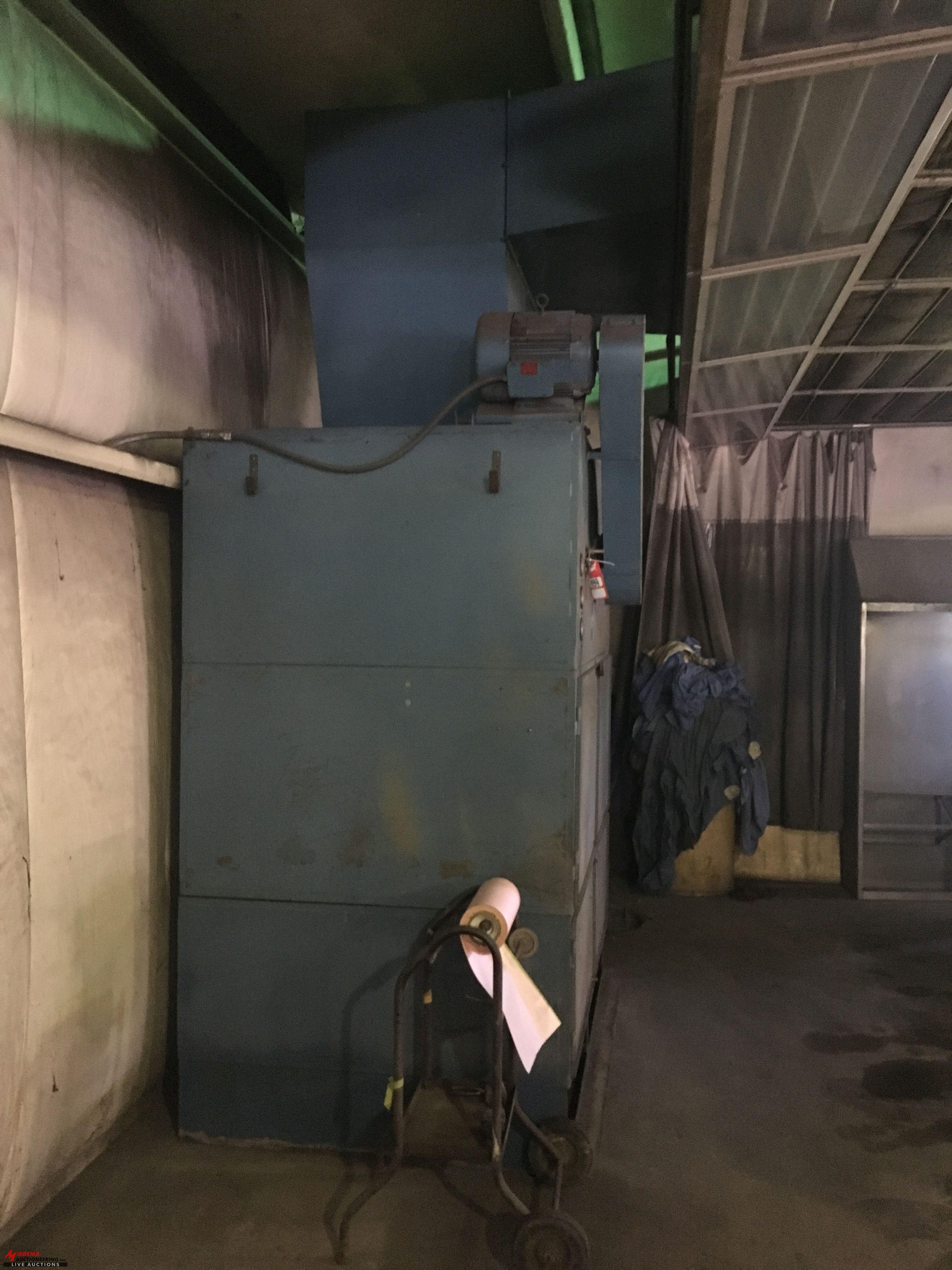 PAINT BOOTH, HAS OVERHEAD LIGHTS, OVERHEAD CURTAIN ENCLOSURE, LARGE FUME TYPE EXTRACTOR, ALSO COMES 