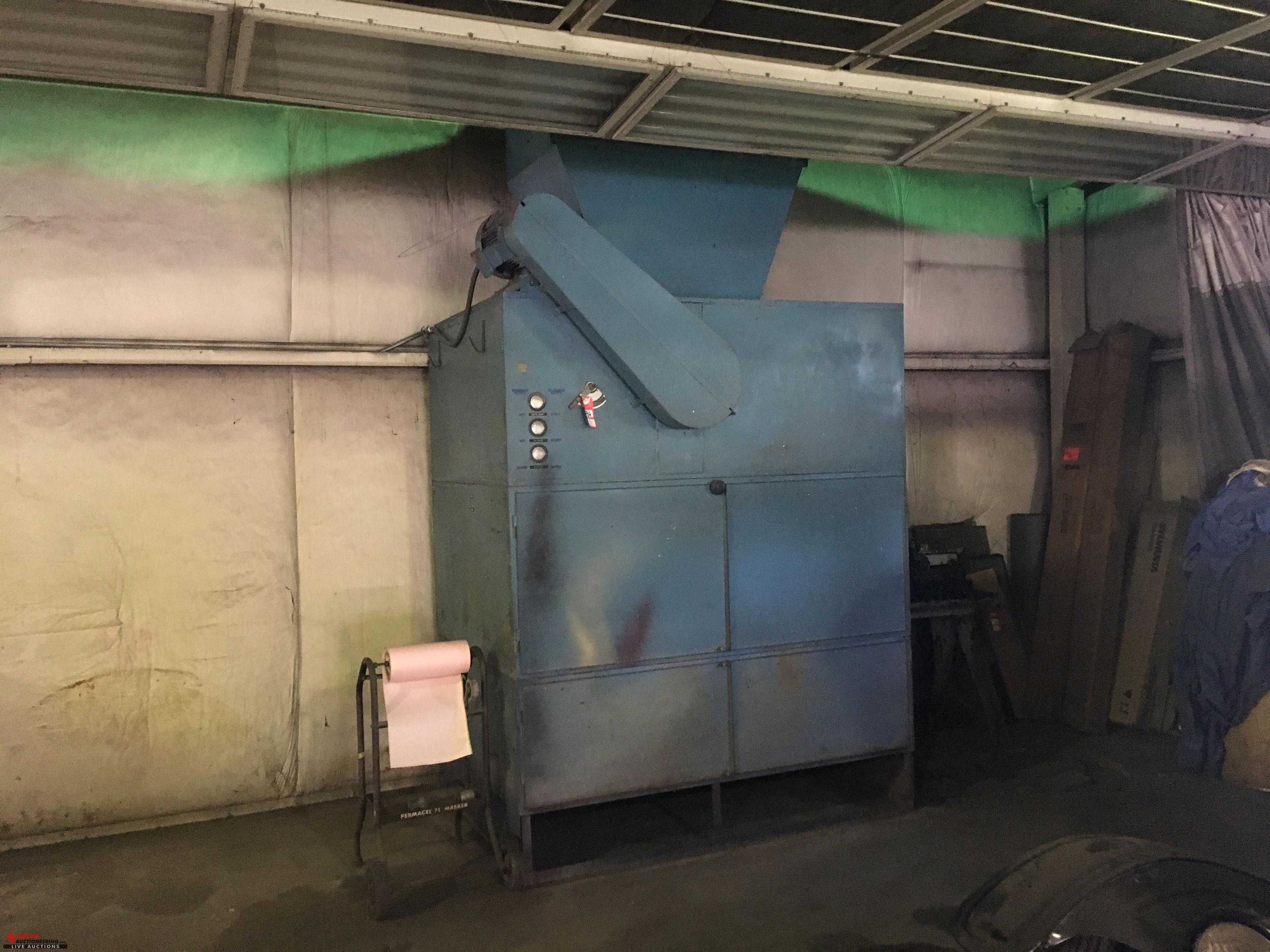 PAINT BOOTH, HAS OVERHEAD LIGHTS, OVERHEAD CURTAIN ENCLOSURE, LARGE FUME TYPE EXTRACTOR, ALSO COMES 