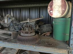 PALLET RACK AND CONTENTS, INCLUDES OLDER FURNACE, GLASS, AUTO BODY PARTS, REAR END AND MORE