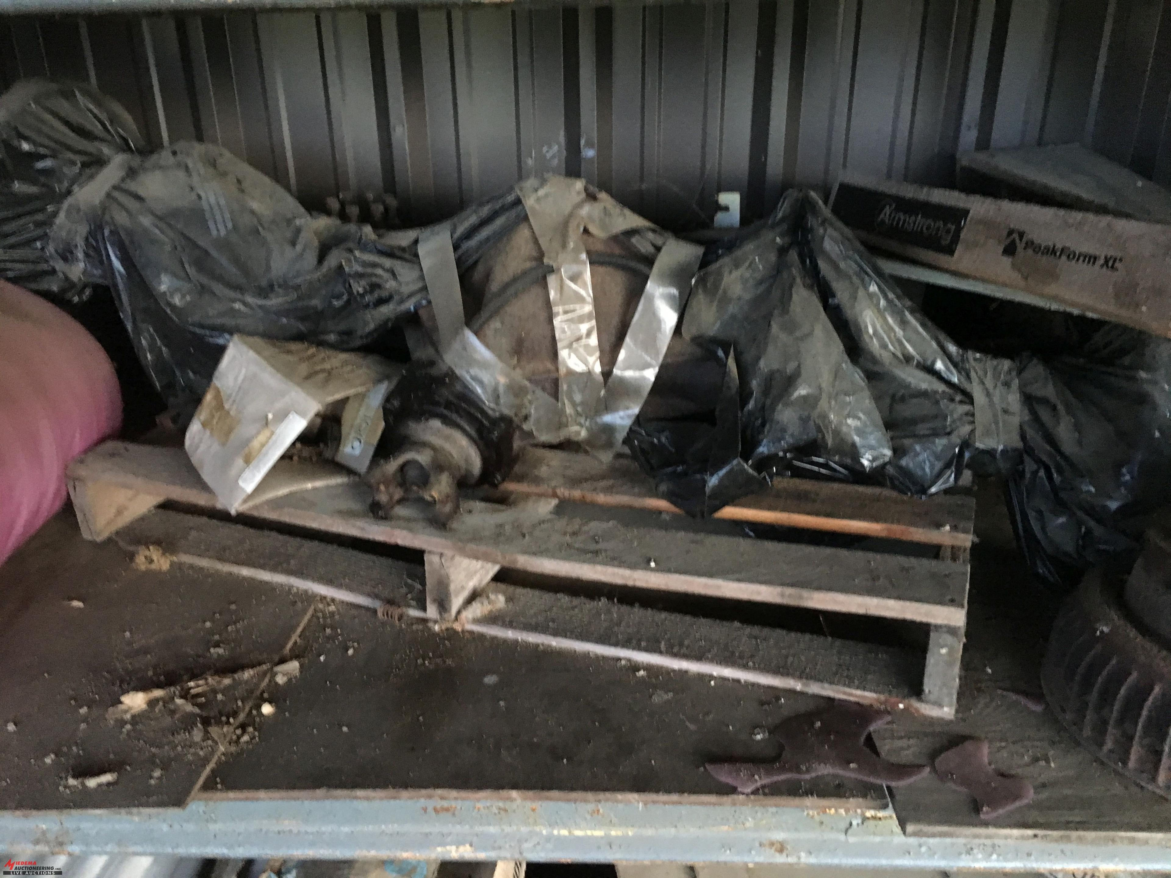PALLET RACK AND CONTENTS, INCLUDES OLDER FURNACE, GLASS, AUTO BODY PARTS, REAR END AND MORE