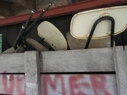 PALLET RACK AND CONTENTS, INCLUDES OLDER FURNACE, GLASS, AUTO BODY PARTS, REAR END AND MORE