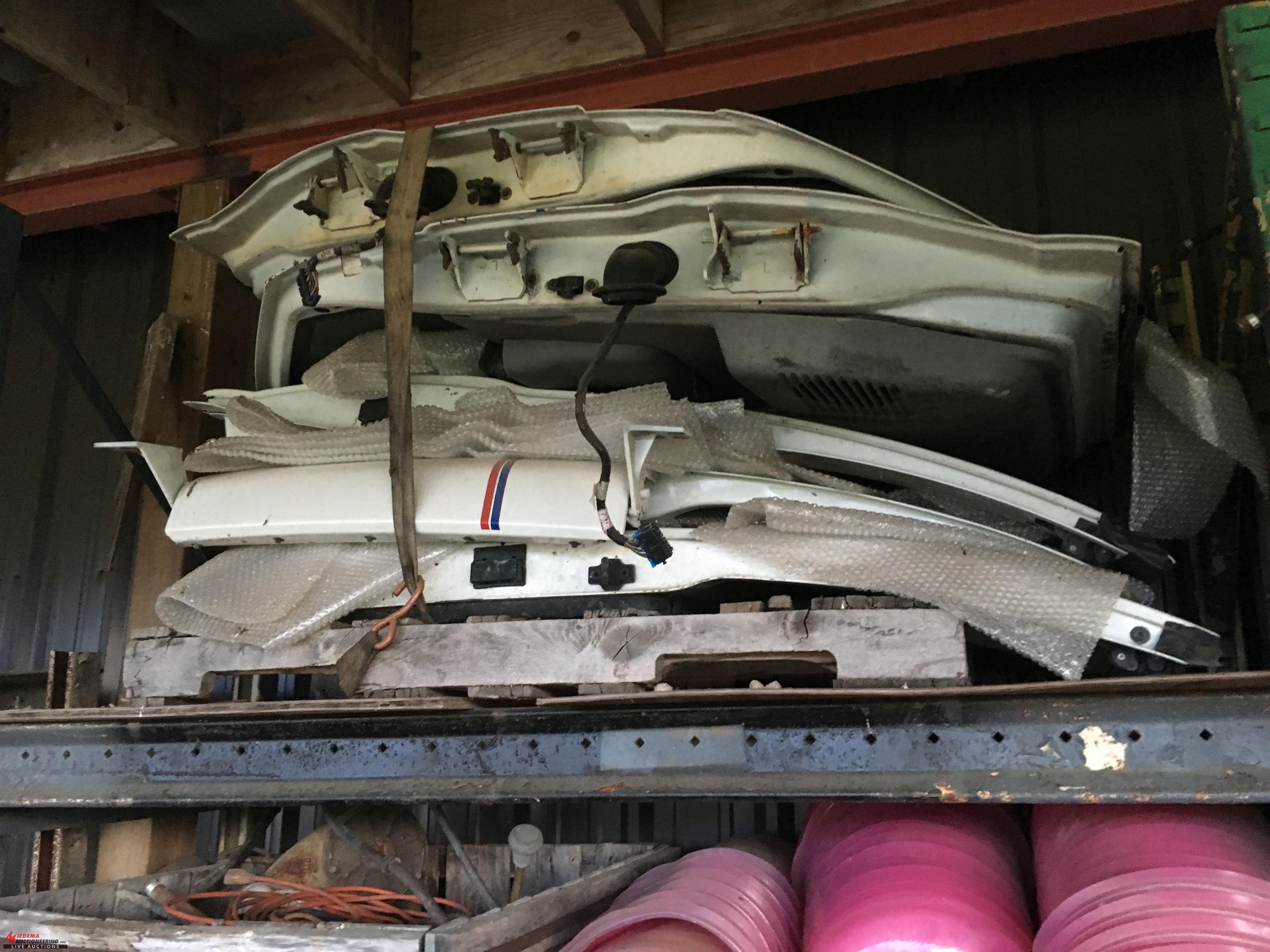 PALLET RACK AND CONTENTS, INCLUDES OLDER FURNACE, GLASS, AUTO BODY PARTS, REAR END AND MORE