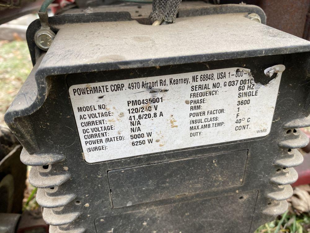 POWERMATE 5000 WATT PORTABLE GENERATOR, RUNS & OPERATES, HAS A FLAT TIRE & BENT RIM