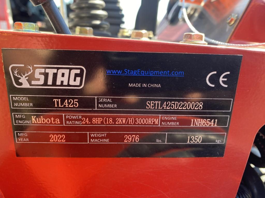 2022 STAG TL425 STAND ON TRACK LOADER, KUBOTA TIER 4 DIESEL ENGINE, 25HP, AUX HYD. MANUAL COUPLER, R