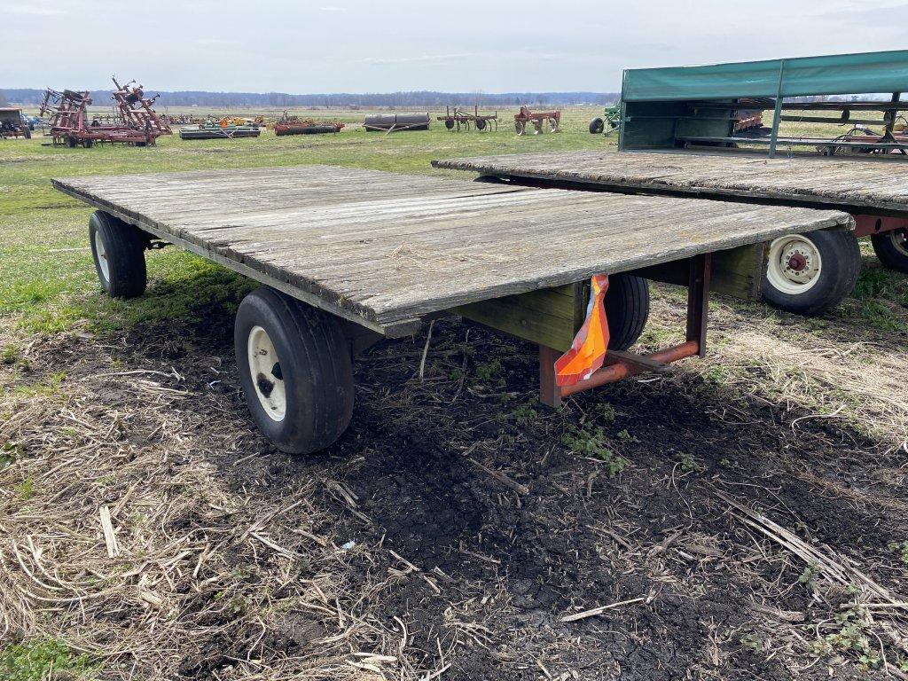 FLATBED WAGON, 18' X 8', J&M 10-TON GEAR, ROLL UP TARPS