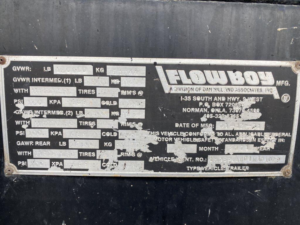 2001 FLOW BOY 8-AXLE LIVE BOTTOM TRAILER, GVWR 136,000 LBS, APPROX 45-TON CAPACITY, TARP, ALL ALUMIN