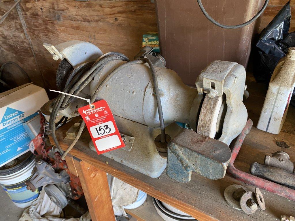 CONTENTS OF BENCH, VISE, GRINDERS, ASSORTED HARDWARE