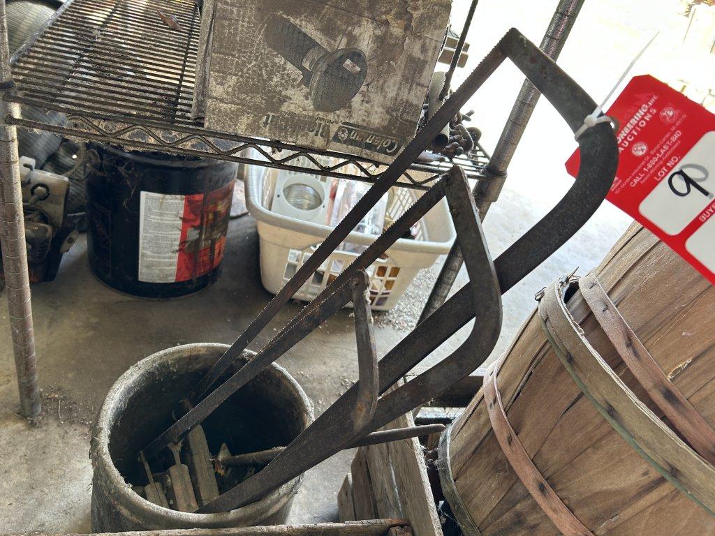 ASSORTED JARS, CRATES, BUCKETS AND SAWS