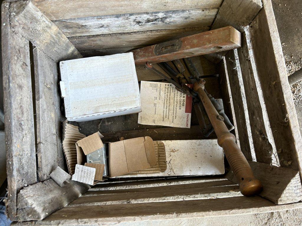 ASSORTED JARS, CRATES, BUCKETS AND SAWS