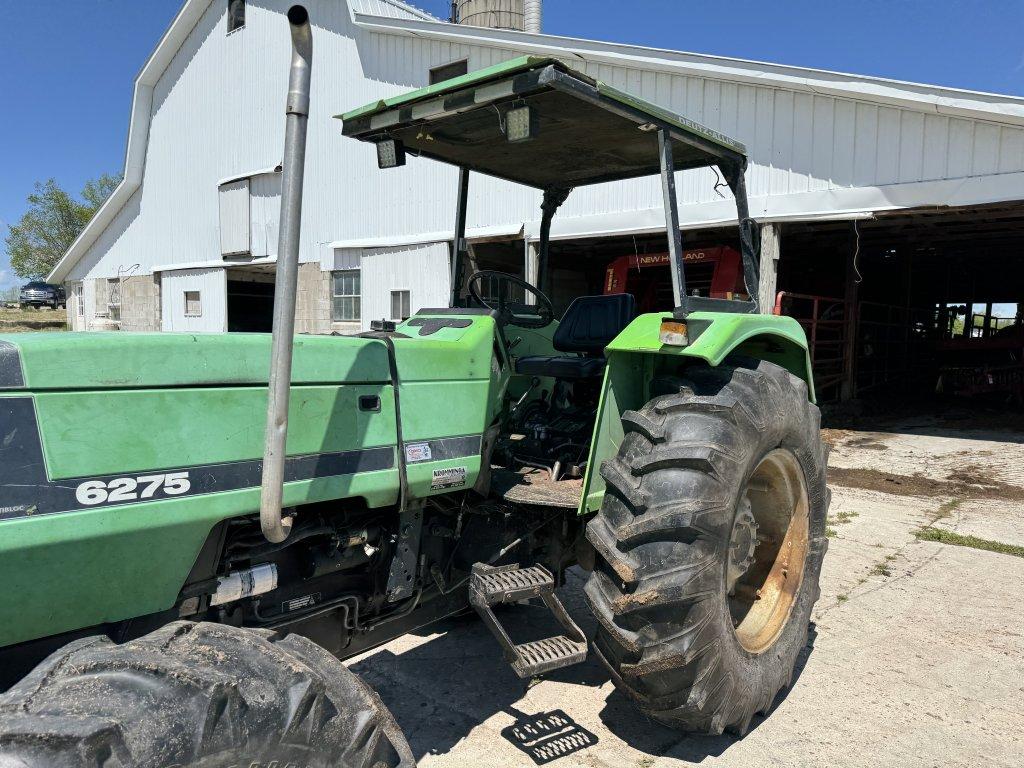 DEUTZ 6275 TRACTOR, 4WD, CANOPY, 3PT, NO TOP LINK, 540 PTO, 2-REMOTES, (12) FRONT WEIGHTS, 18.4-30 R