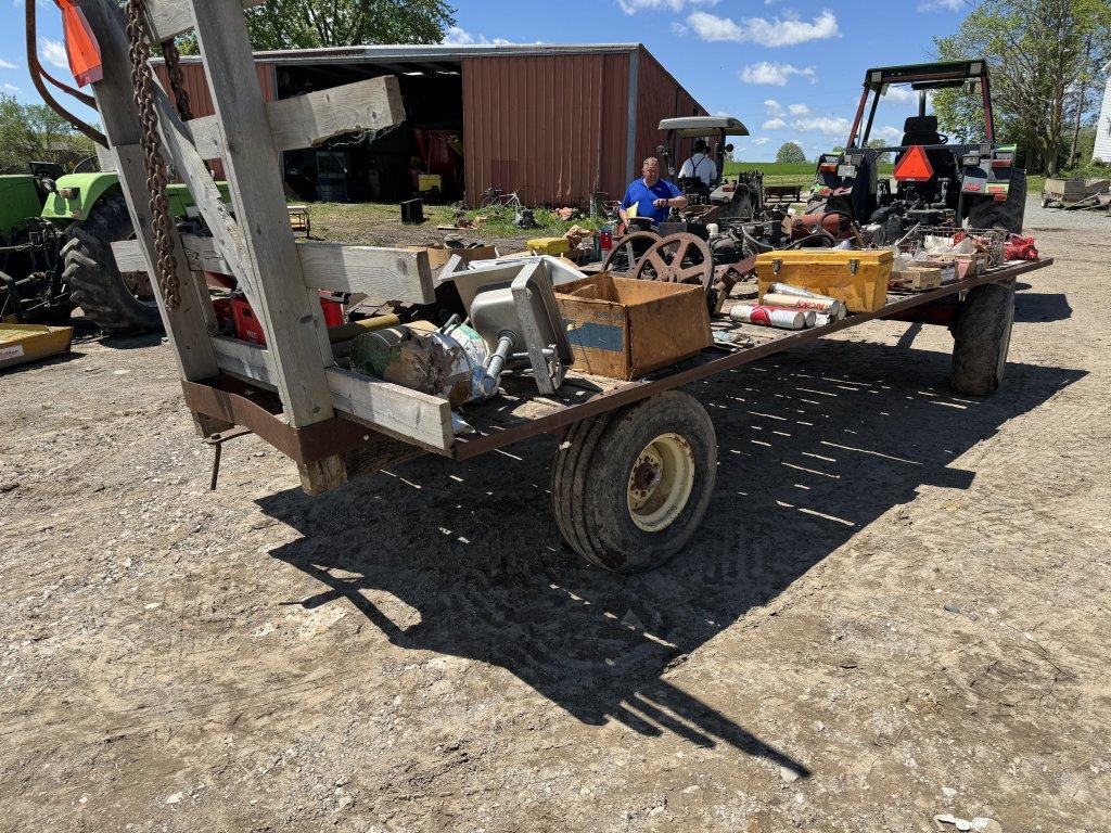 FLAT BED HAY WAGON, 18' X 8', CONTENTS NOT INCLUDED