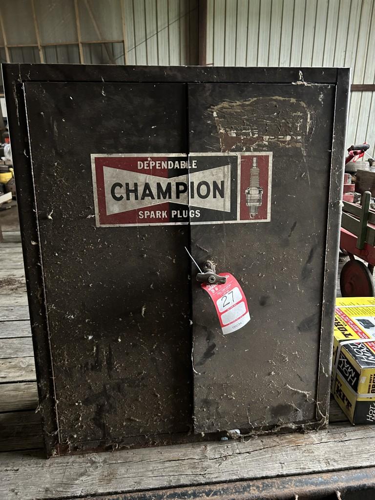 CHAMPION SPARK PLUG CABINET CONTAINING MANY CHAMPION SPARK PLUGS