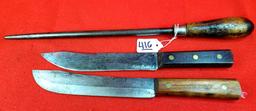 Lot Of 3 Ec Simmons Kk Butcher Knife (2) And Sharpening Steel (1)