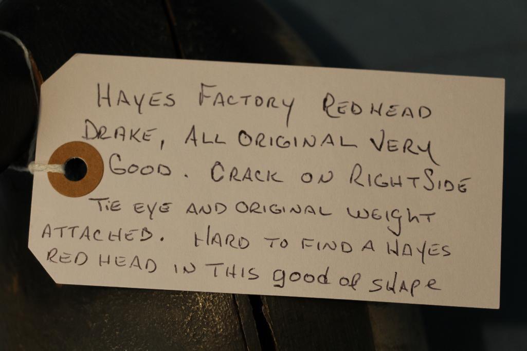 HAYES FACTORY REDHEAD DRAKE WOODEN DECOY , CRACK IN RIGHT SIDE