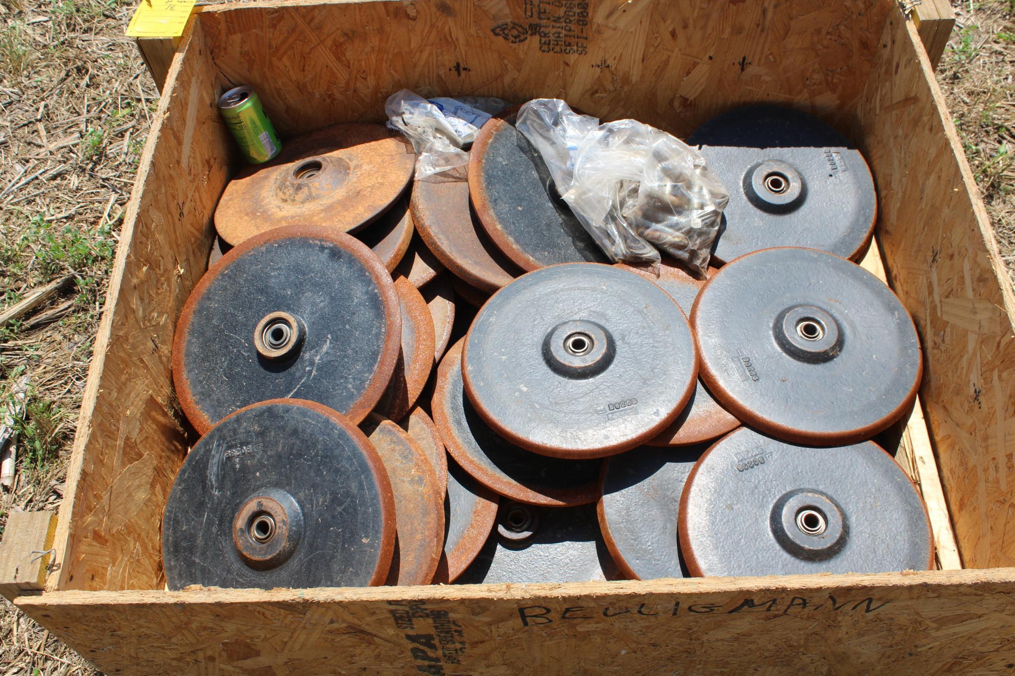 Crate of cast iron closing wheels