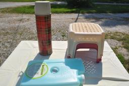 2 step stool, thermos, and freezer water bottle
