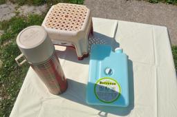 2 step stool, thermos, and freezer water bottle