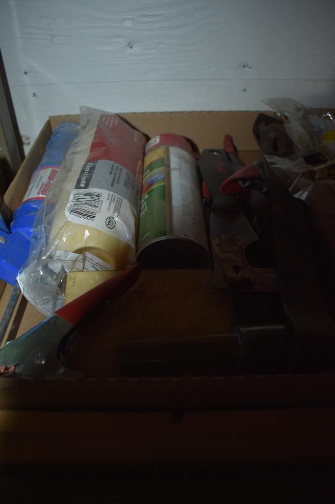 Flats of misc. paint supplies, crowbars, rivets