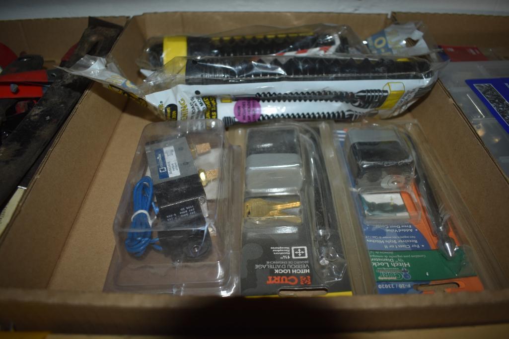 Flats of misc. paint supplies, crowbars, rivets
