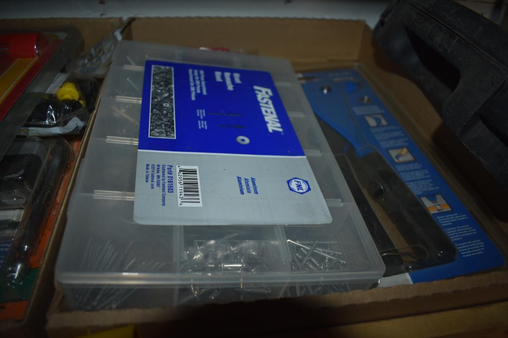 Flats of misc. paint supplies, crowbars, rivets