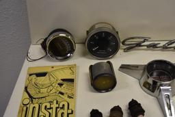 Flat of Automobile Gauges, Emblem Badges, Spark Plugs, Etc.