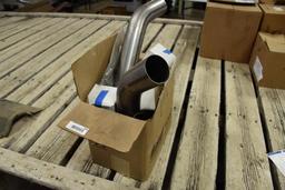 Box of Misc. Auto Parts to Include: 3" band clamps, exhaust pipes, universal hangers, etc.