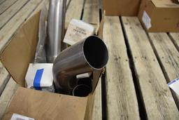 Box of Misc. Auto Parts to Include: 3" band clamps, exhaust pipes, universal hangers, etc.