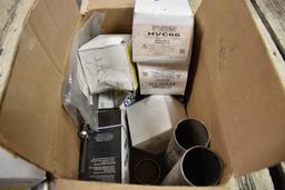Box of Misc. Auto Parts to Include: 3" band clamps, exhaust pipes, universal hangers, etc.