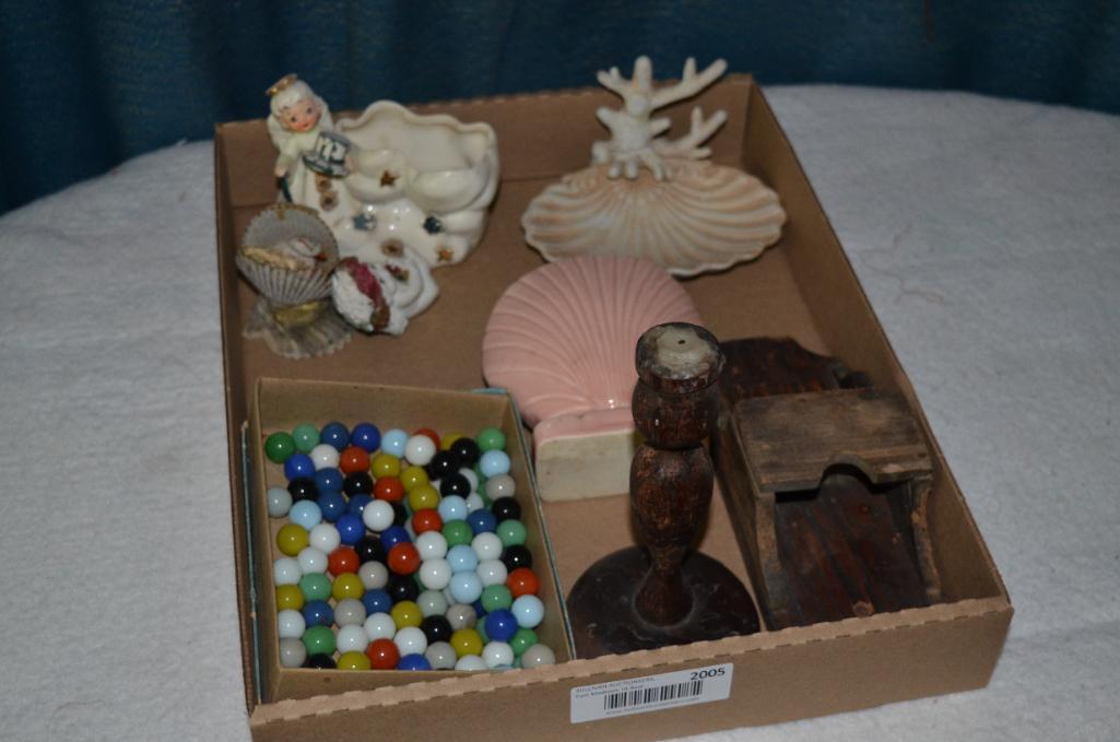 Marbles, wood items, & other pottery