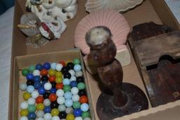 Marbles, wood items, & other pottery
