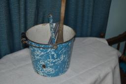 Antique enamel bucket & ladles