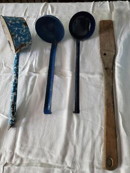 Antique enamel bucket & ladles