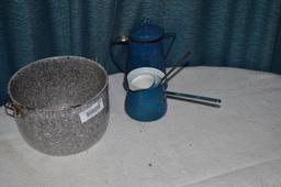 Enamel bucket, enamel coffee pot, ladles