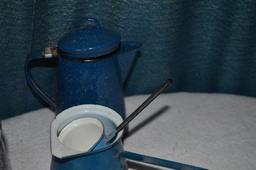 Enamel bucket, enamel coffee pot, ladles