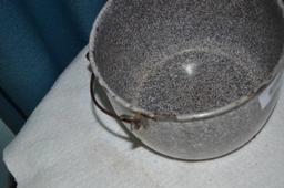 Enamel bucket, enamel coffee pot, ladles