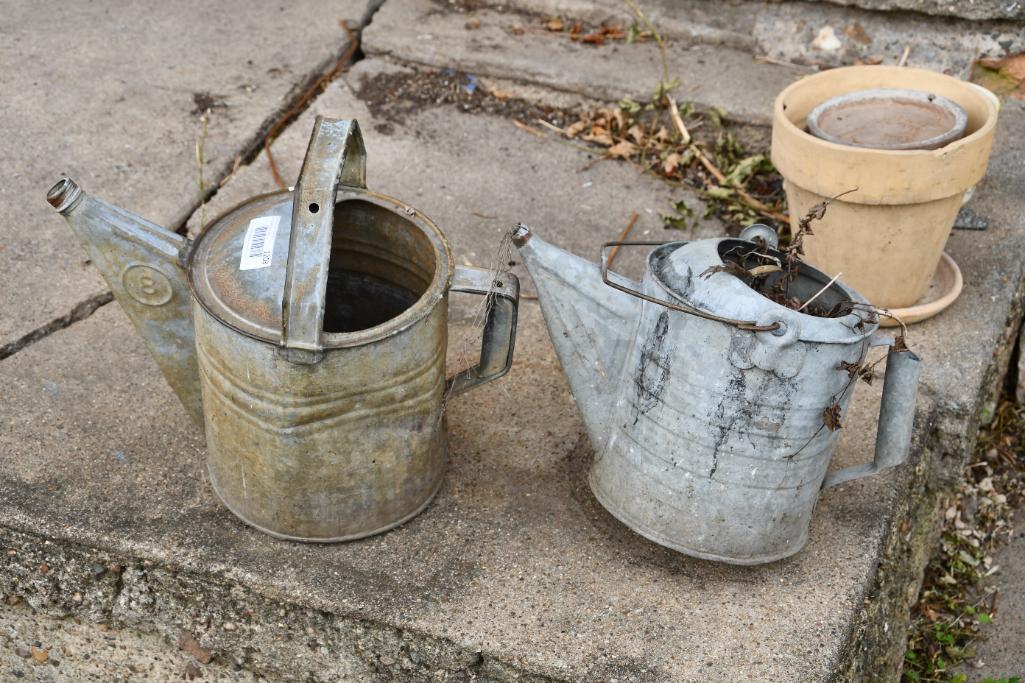 (2) Galv. Sprinkler cans being used as planters