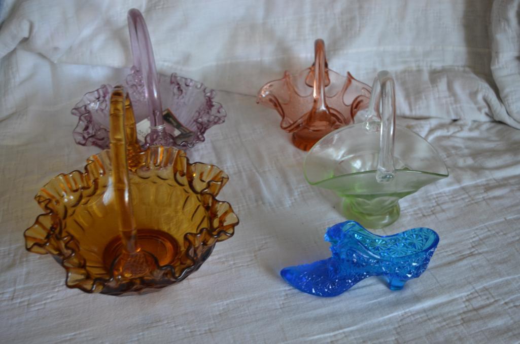 Colorful glassware to include Fenton basket