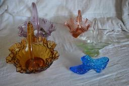 Colorful glassware to include Fenton basket