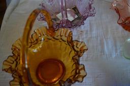 Colorful glassware to include Fenton basket