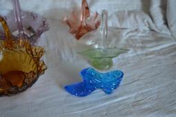 Colorful glassware to include Fenton basket