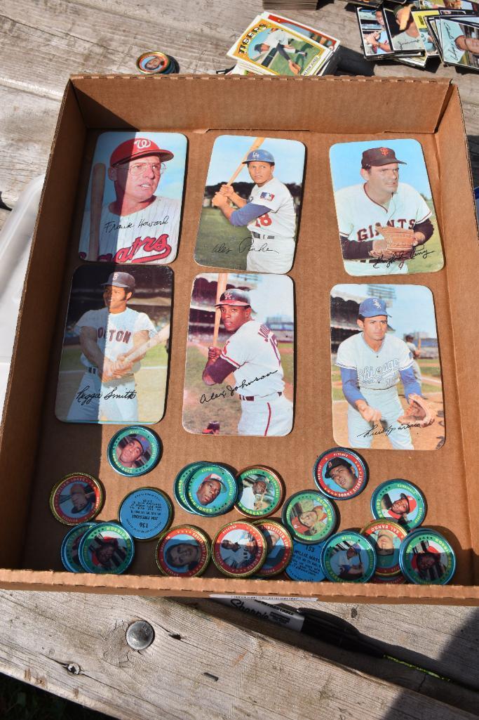 Flat of 1970's metal pogs & large cardboard cards