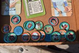 Flat of 1970's metal pogs & large cardboard cards