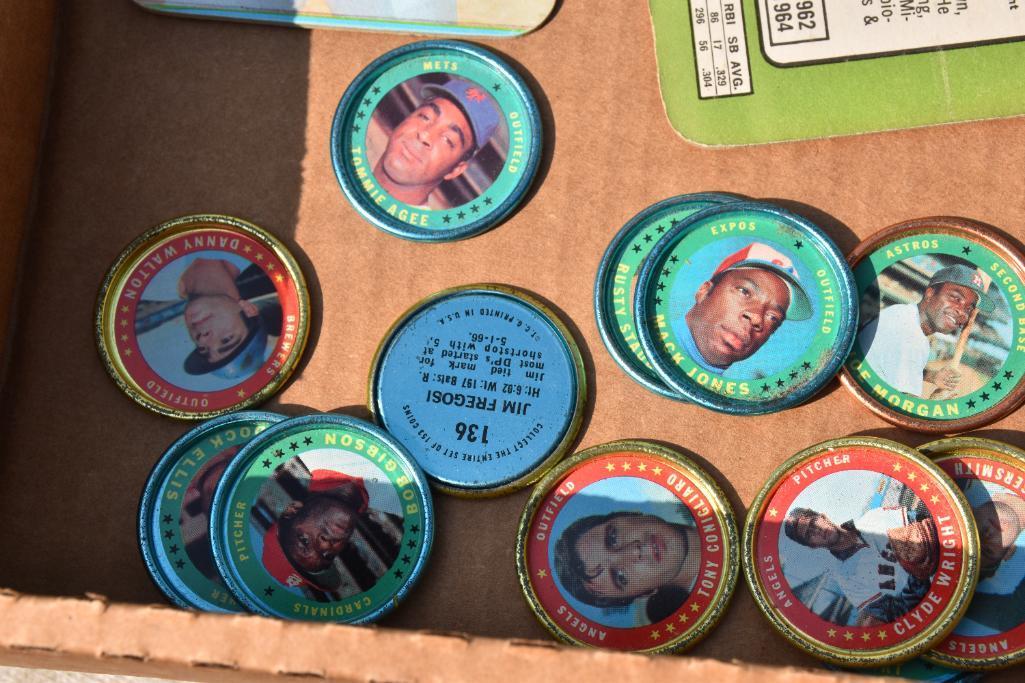Flat of 1970's metal pogs & large cardboard cards